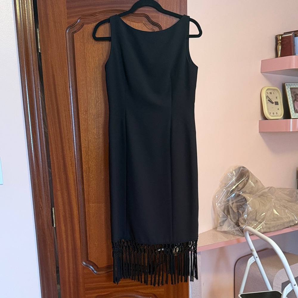 Kay Unger Black Midi Dress with Fringe Hem
